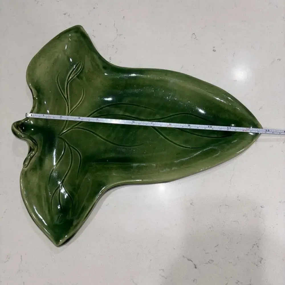 Vintage MCM Studio Pottery Green Ceramic Leaf Serving Tray